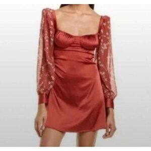 Danielle Bernstein Bohemia Floral Dress mini Red Puff Sleeves & Tie Back Sz 10